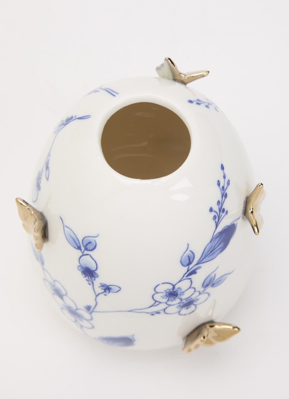 Heinen Delfts Blauw Vlindergoud vaas 11 cm - voorkant 2 gebroken wit