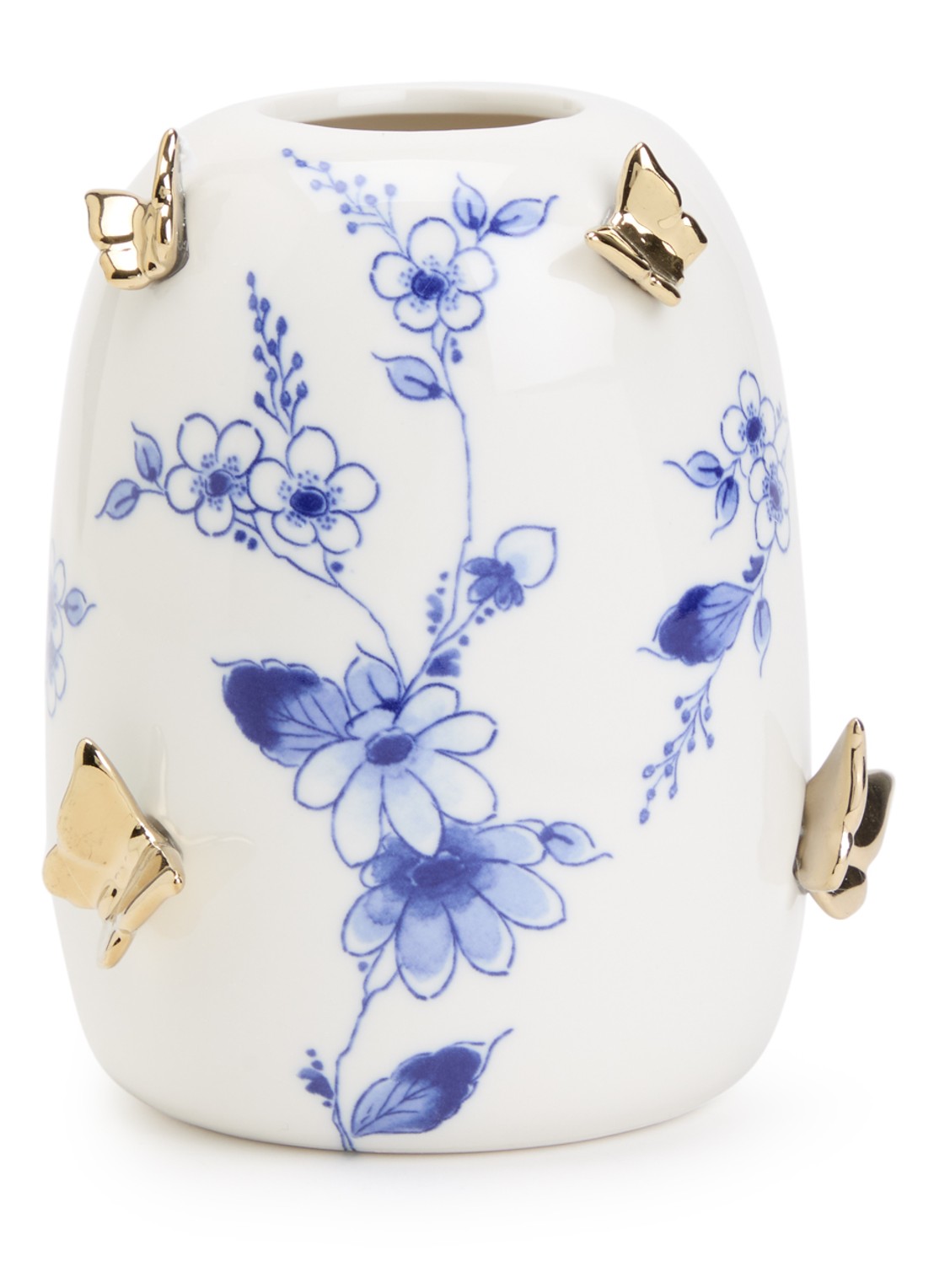 Heinen Delfts Blauw Vlindergoud vaas 14 cm - voorkant gebroken wit