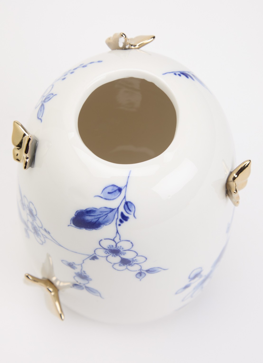 Heinen Delfts Blauw Vlindergoud vaas 14 cm - voorkant 2 gebroken wit