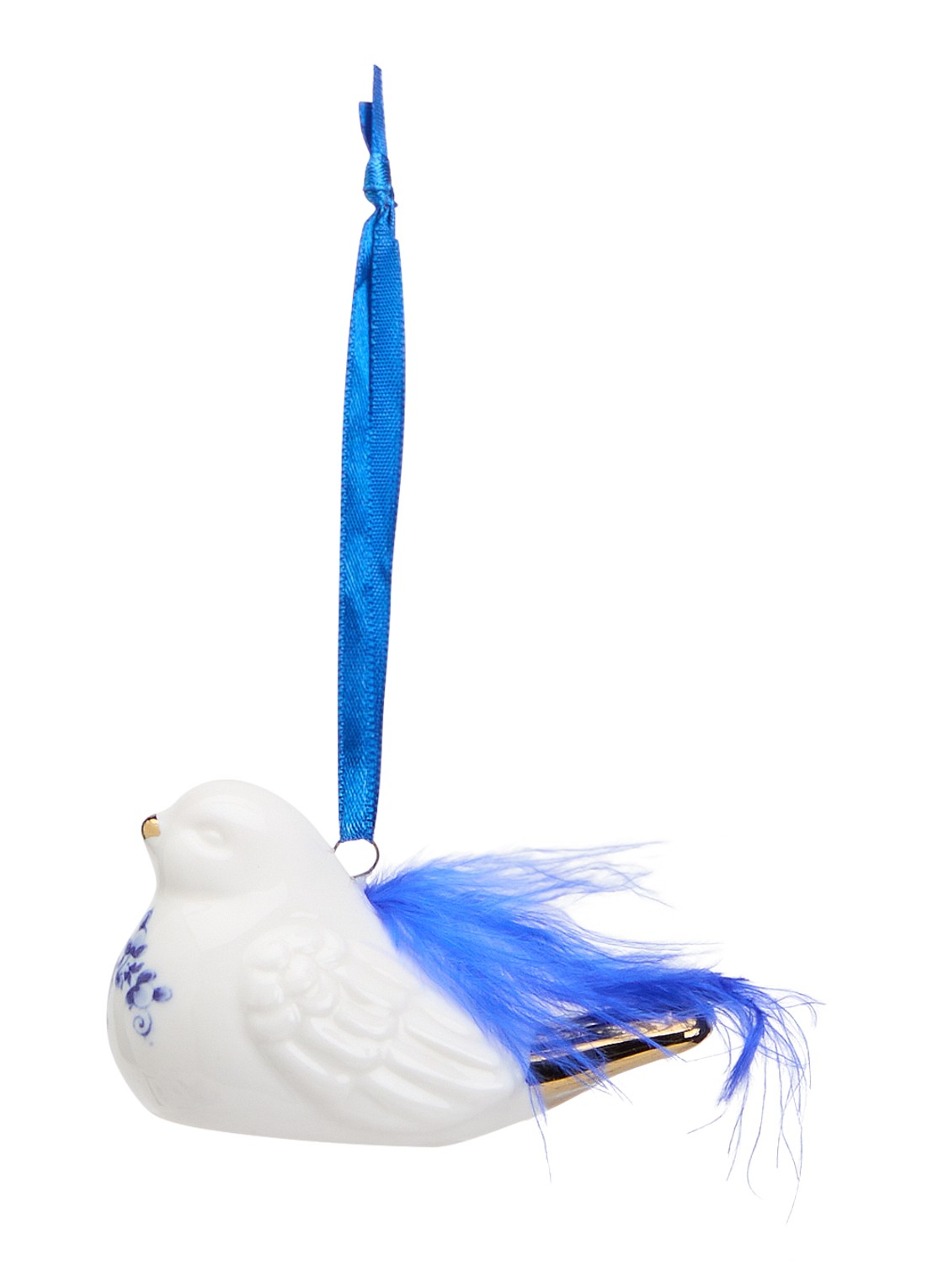 Heinen Delfts Blauw Vogel Met Veer kersthanger 5 cm - voorkant gebroken wit