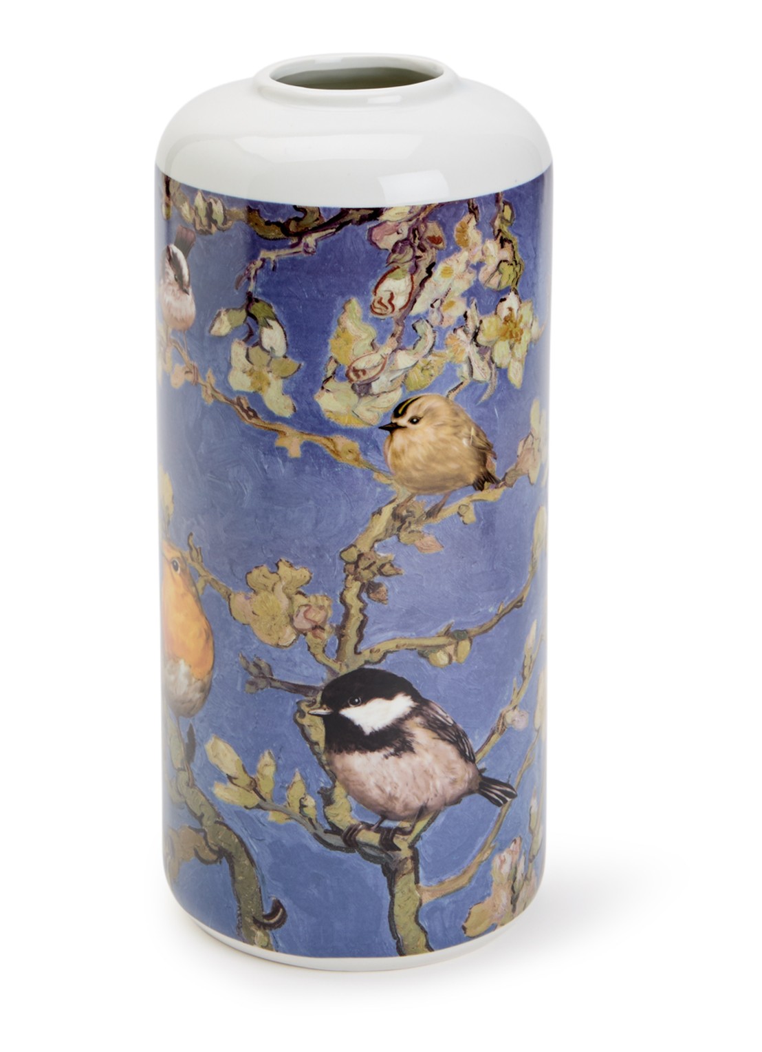 Heinen Delfts Blauw Vogels van Van Gogh vaas 31 cm - voorkant blauw