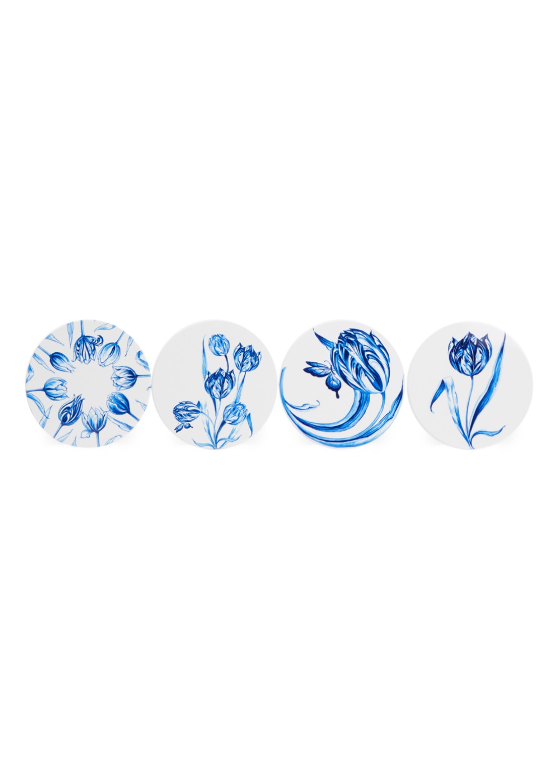 Heinen Delfts Blauw Vrolijke Tulpen onderzetter van keramiek set van 4 - voorkant blauw