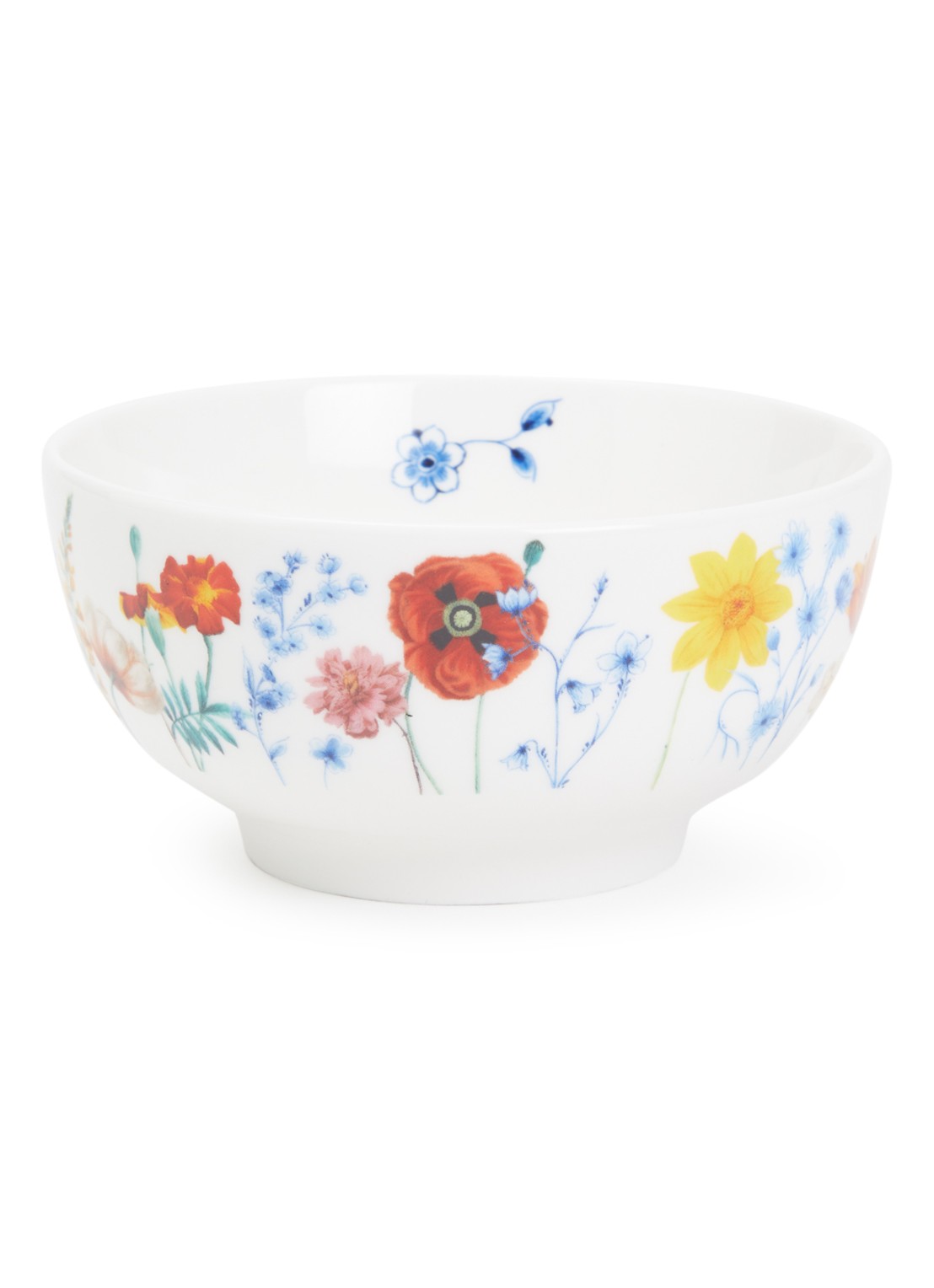 Heinen Delfts Blauw Wildbloemen kom 10 cm - voorkant wit