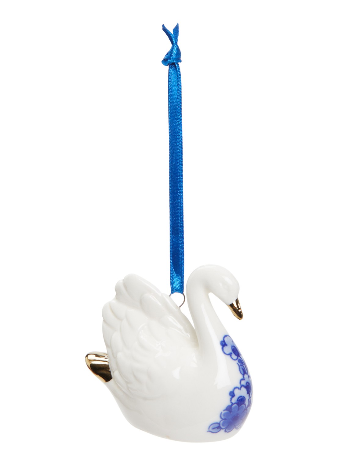 Heinen Delfts Blauw Zwaan kersthanger 6 cm - voorkant gebroken wit