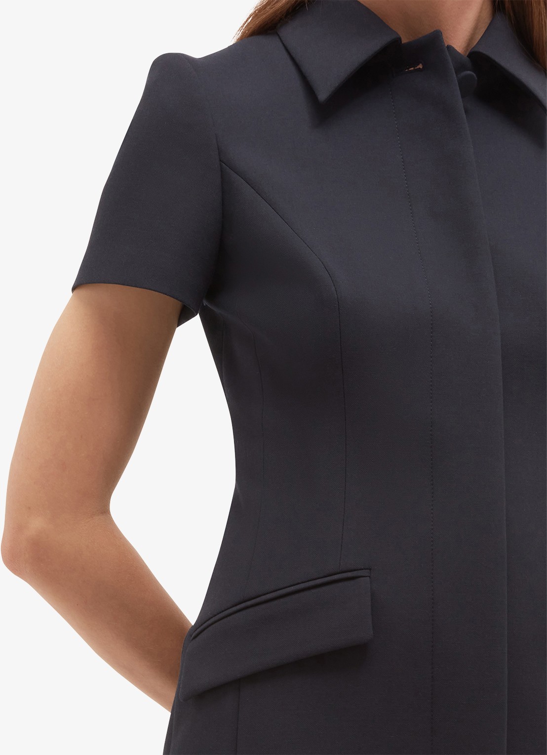 Hobbs Alexandra mini blouse jurk met klepzakken - detail blauwgrijs