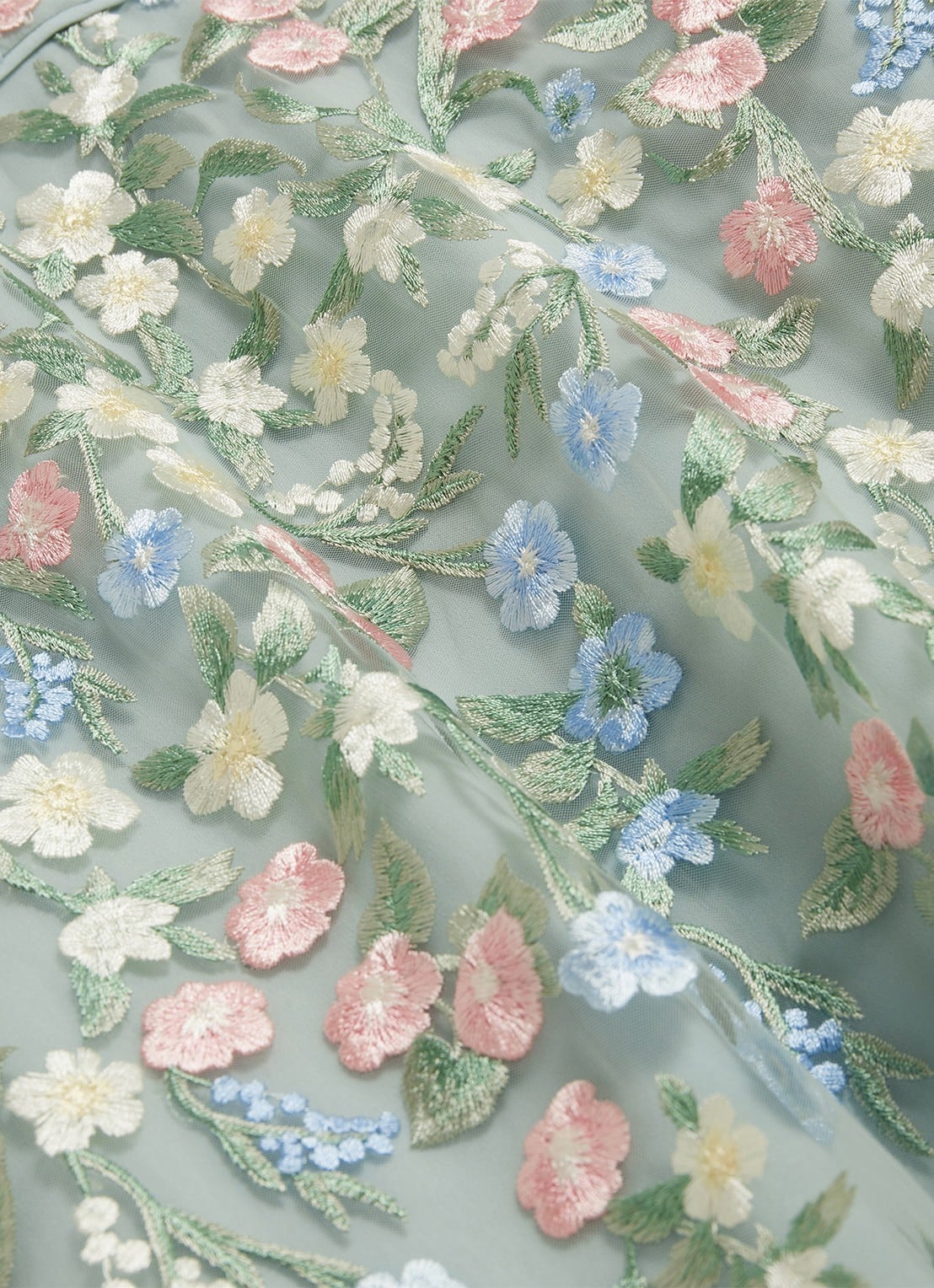 Hobbs Audra midi jurk met bloemborduring en pofmouw - detail 4 lichtgroen