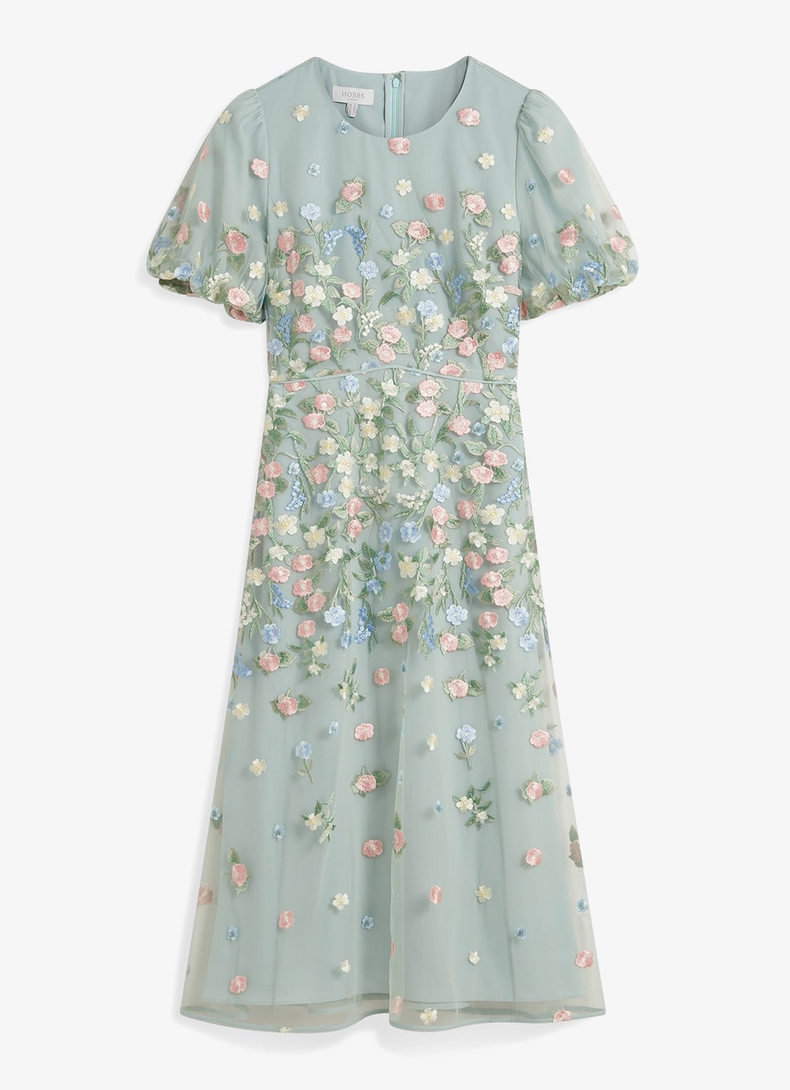 Hobbs Audra midi jurk met bloemborduring en pofmouw - voorkant 5 lichtgroen