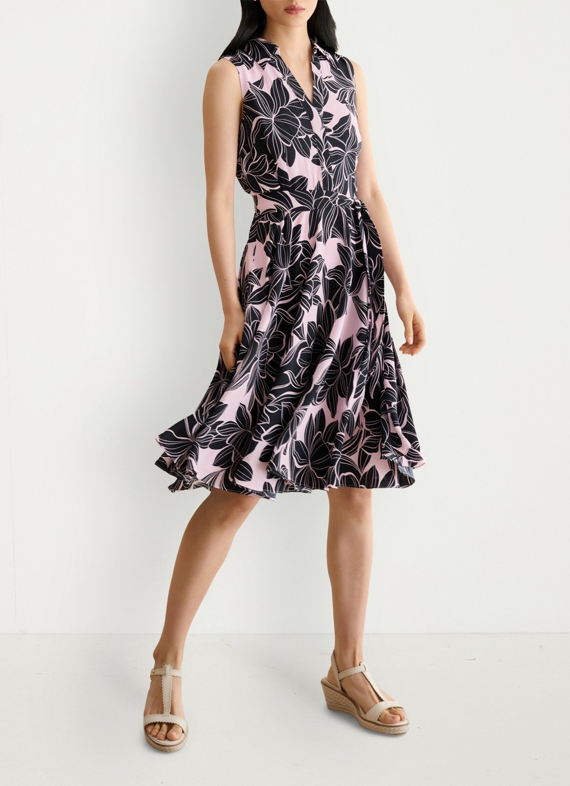 Hobbs Bea mini jurk met print en strikceintuur - voorkant 5 roze