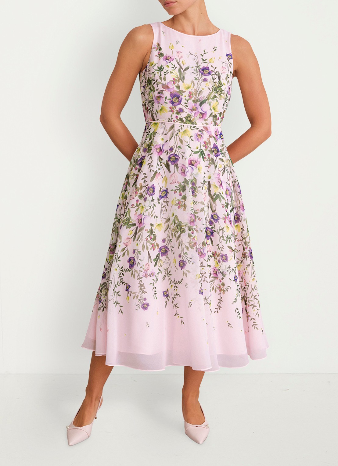 Hobbs Carly midi jurk met bloemenprint - voorkant 6 lichtroze