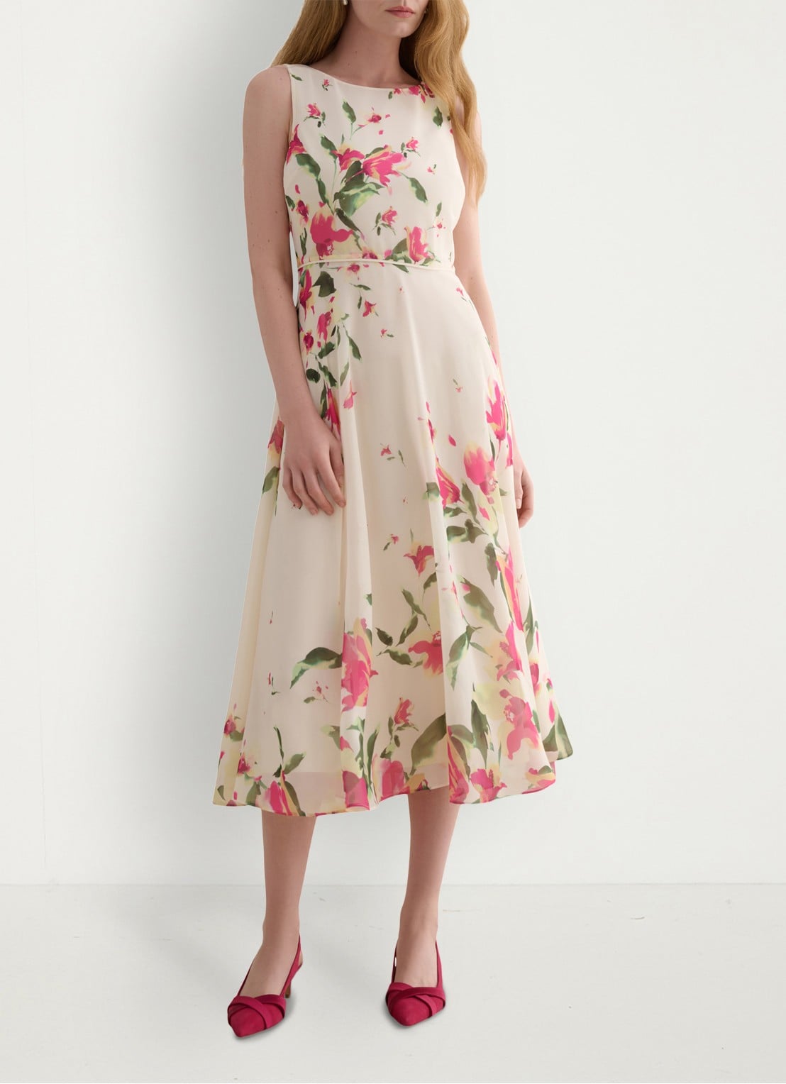 Hobbs Carly midi jurk met bloemenprint - voorkant 2 creme