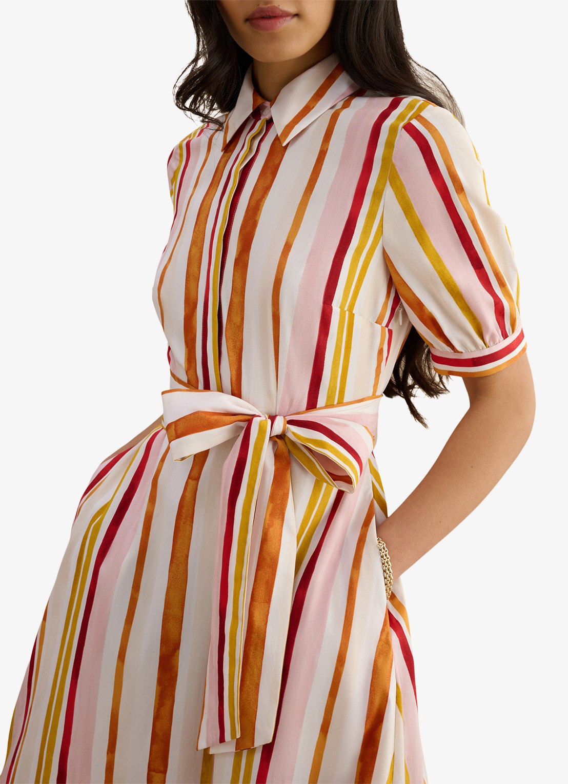 Hobbs Cressida midi tuniekjurk met pofmouw en streepprint  - detail 4 ivoor