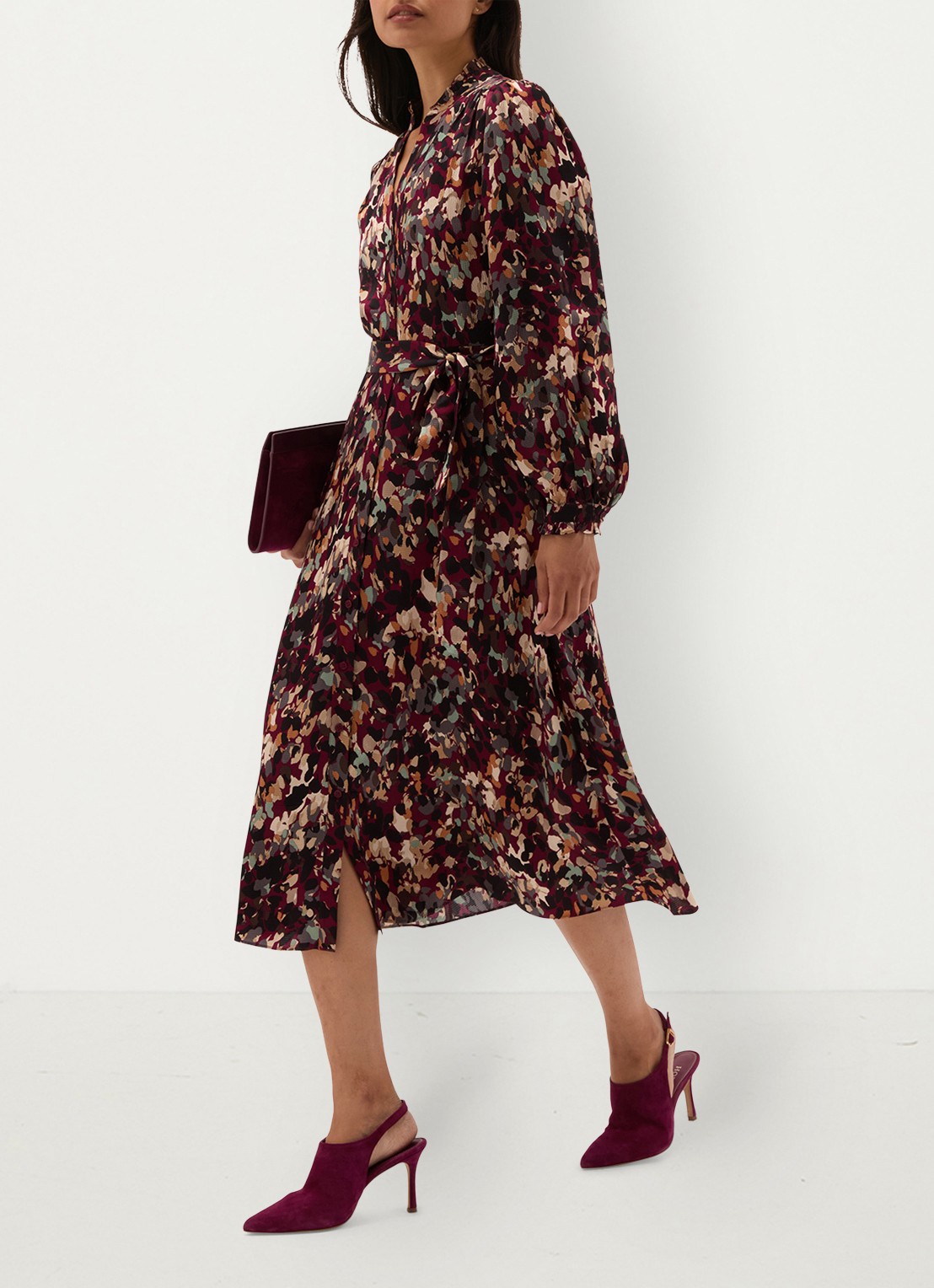 Hobbs Elin midi blousejurk met strikceintuur - detail 5 bordeauxrood