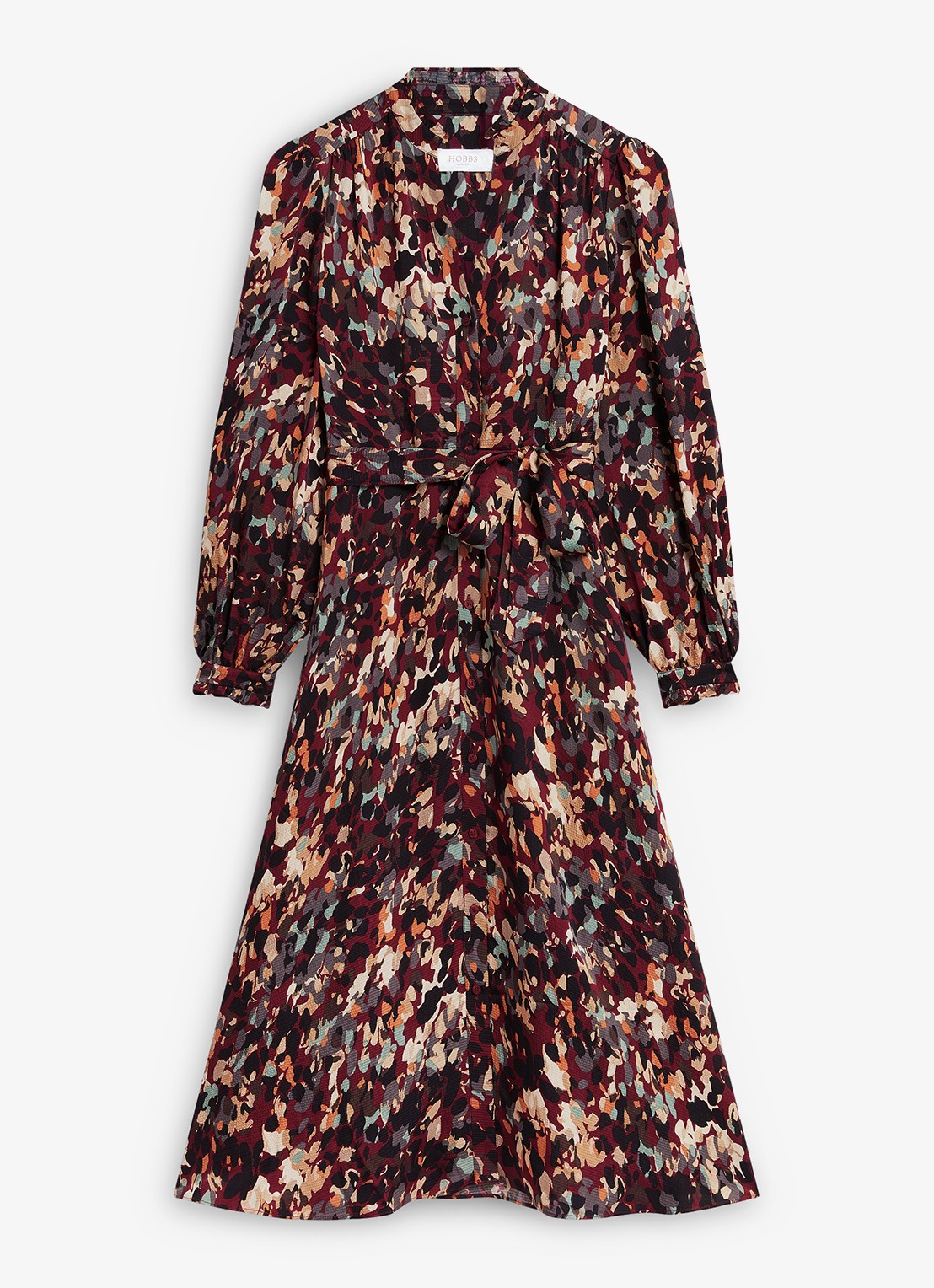 Hobbs Elin midi blousejurk met strikceintuur - voorkant 2 bordeauxrood