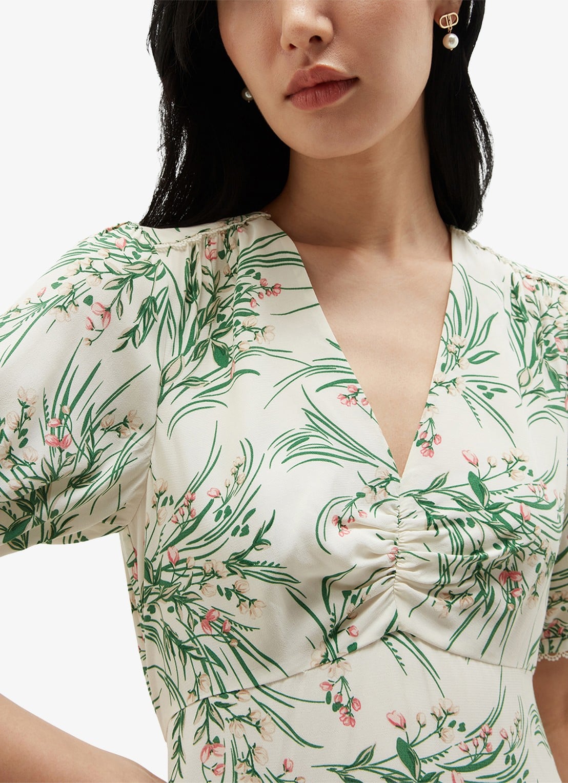 Hobbs Florentina midi jurk met bloemenprint - detail lichtgroen