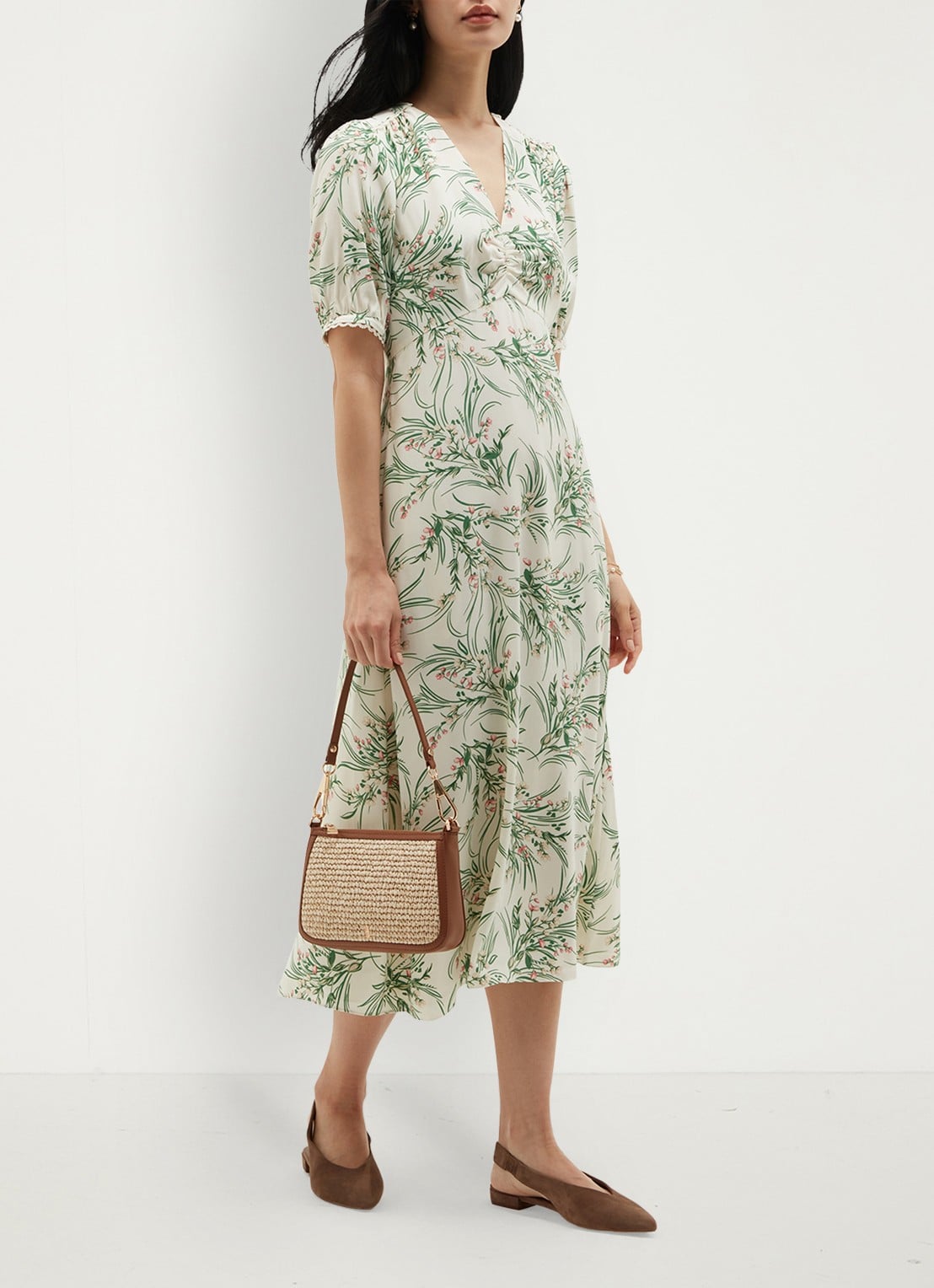 Hobbs Florentina midi jurk met bloemenprint - detail 2 lichtgroen