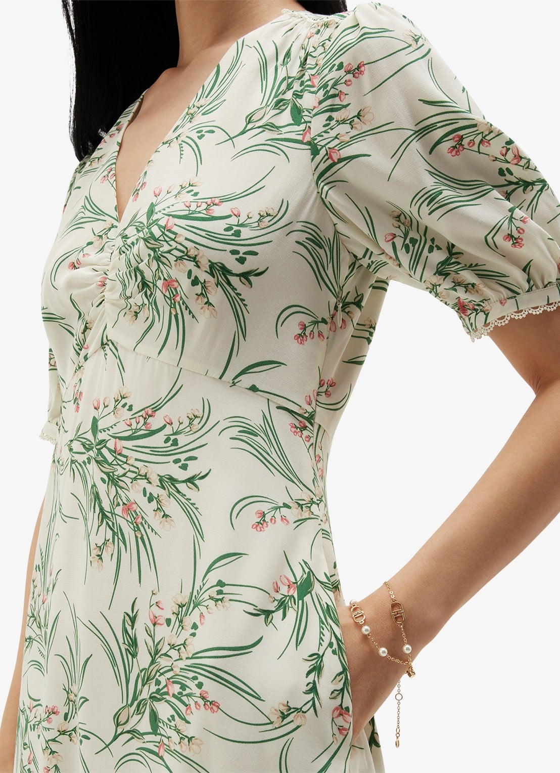 Hobbs Florentina midi jurk met bloemenprint - detail 3 lichtgroen