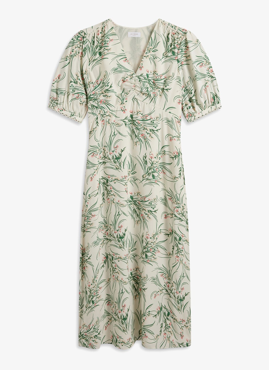 Hobbs Florentina midi jurk met bloemenprint - voorkant 5 lichtgroen