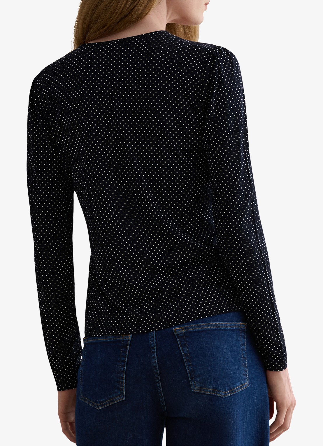 Hobbs Hannah top met v-hals en stippenprint - achterkant 3 donkerblauw