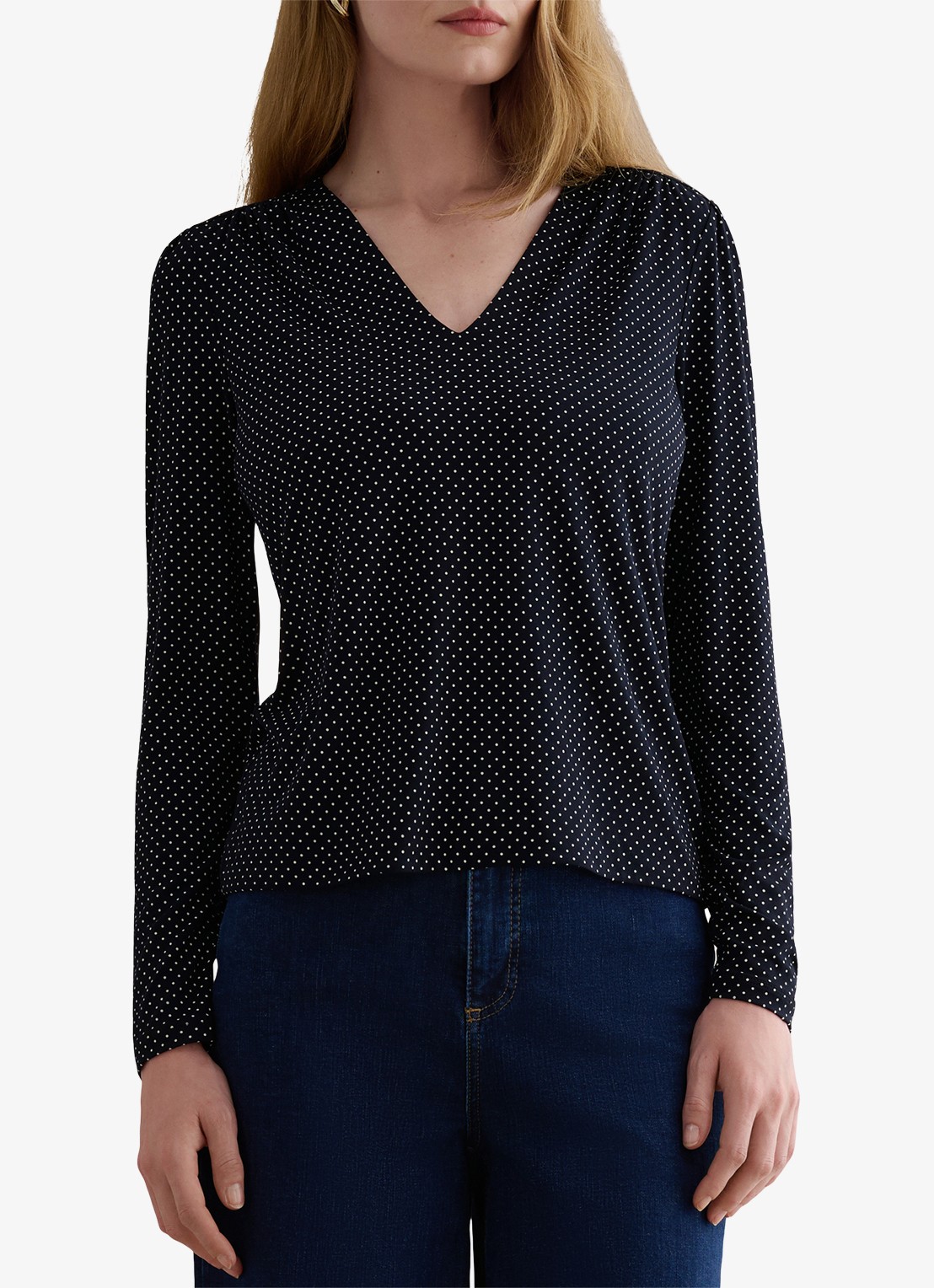 Hobbs Hannah top met v-hals en stippenprint - detail 4 donkerblauw