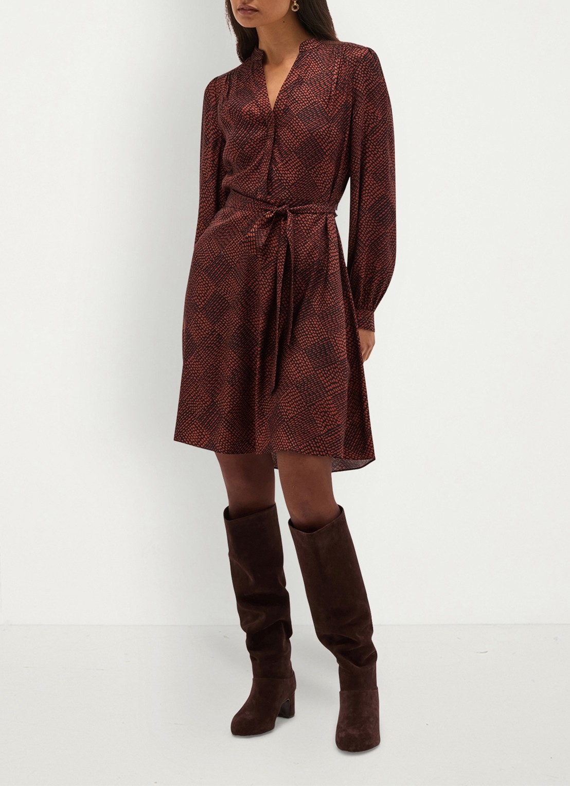 Hobbs Hilary mini blousejurk met ruit dessin - voorkant 7 lichtbruin