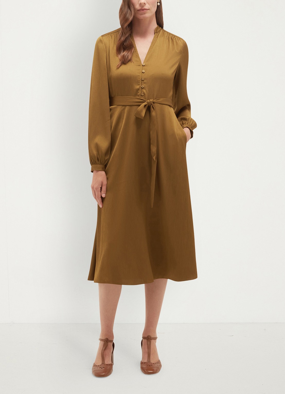 Hobbs Katia midi tuniekjurk met strikceintuur - voorkant 5 khaki