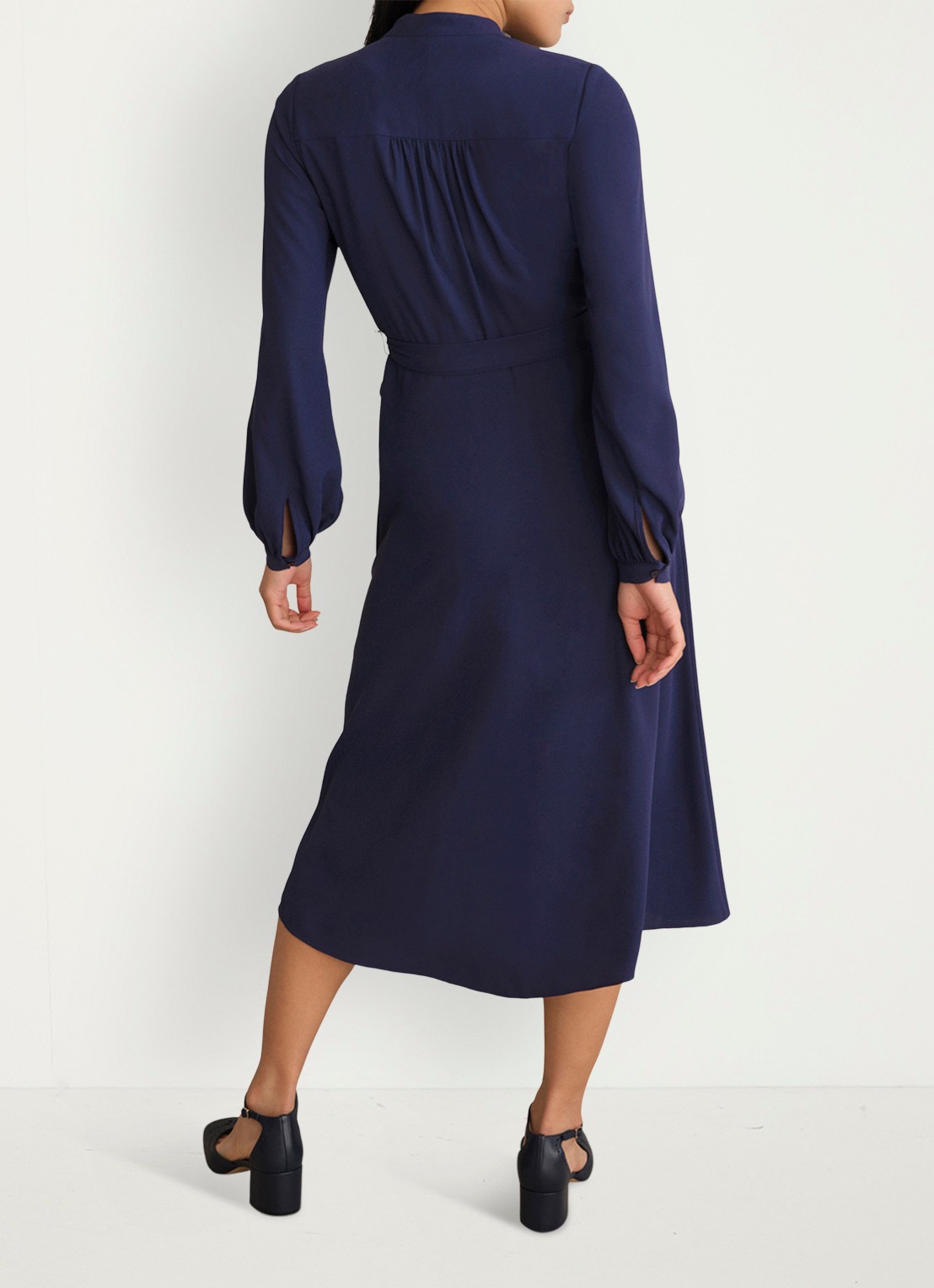 Hobbs Lettie midi jurk met strikceintuur - achterkant donkerblauw