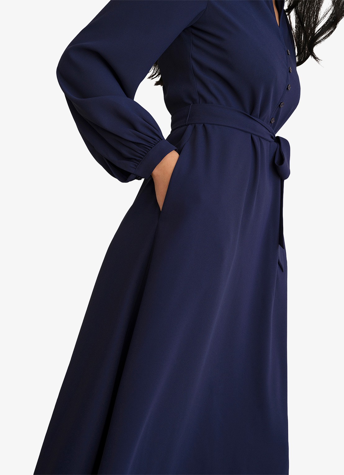 Hobbs Lettie midi jurk met strikceintuur - detail 3 donkerblauw