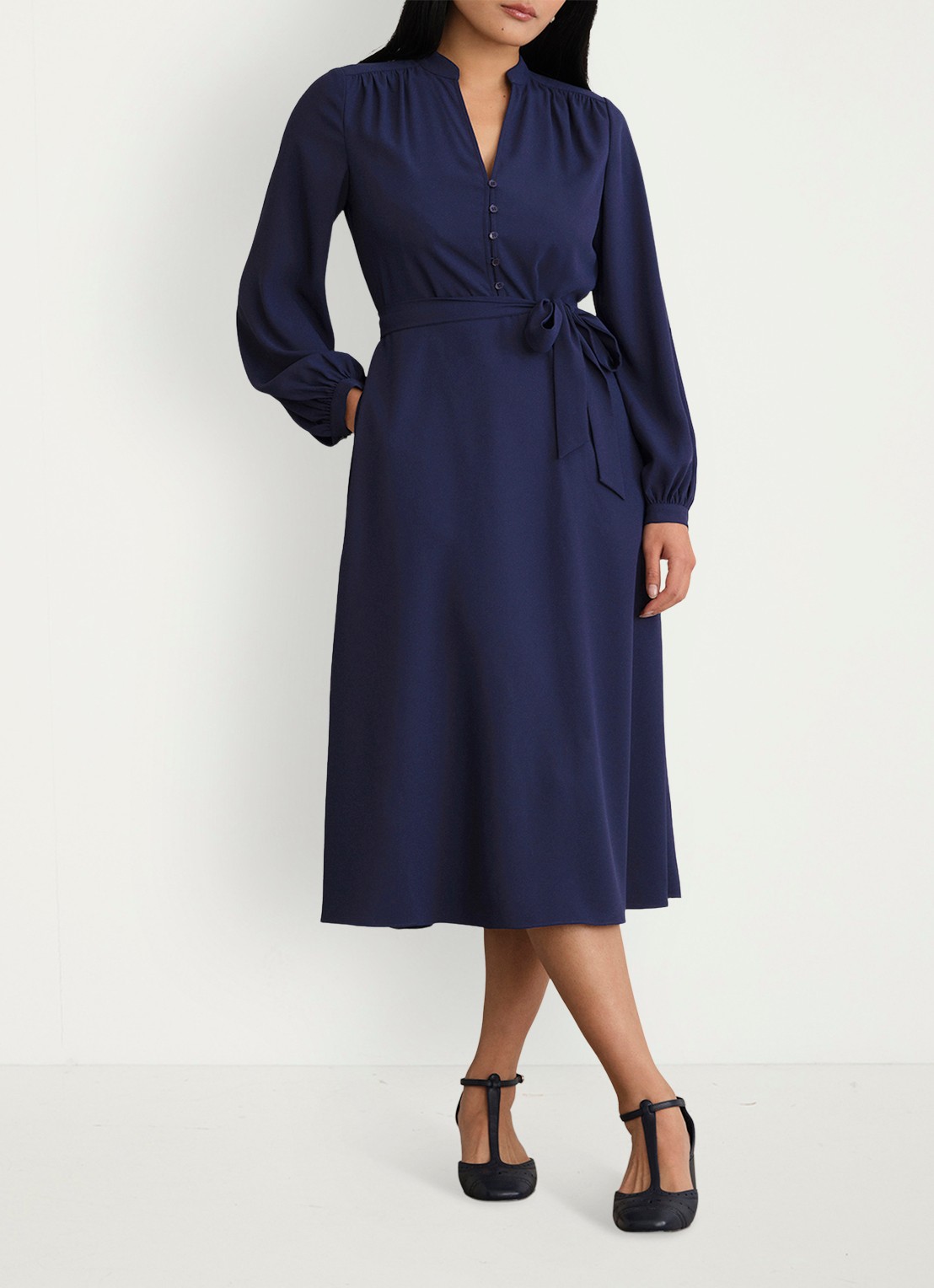Hobbs Lettie midi jurk met strikceintuur - voorkant 6 donkerblauw