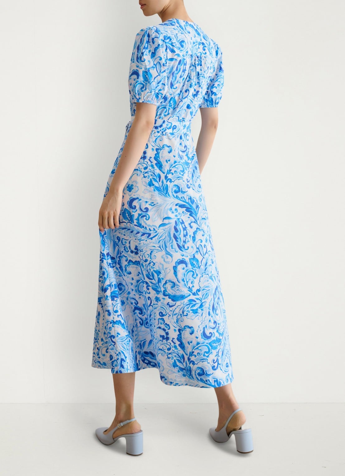 Hobbs Libby midi jurk met print en strikceintuur - achterkant 6 blauw