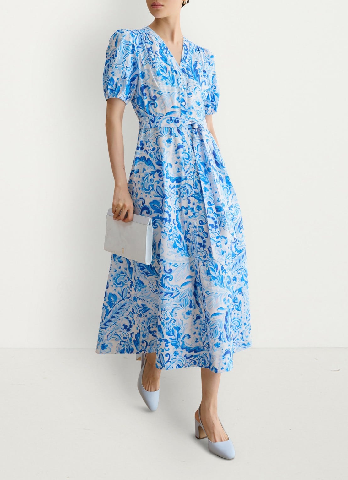 Hobbs Libby midi jurk met print en strikceintuur - detail 3 blauw