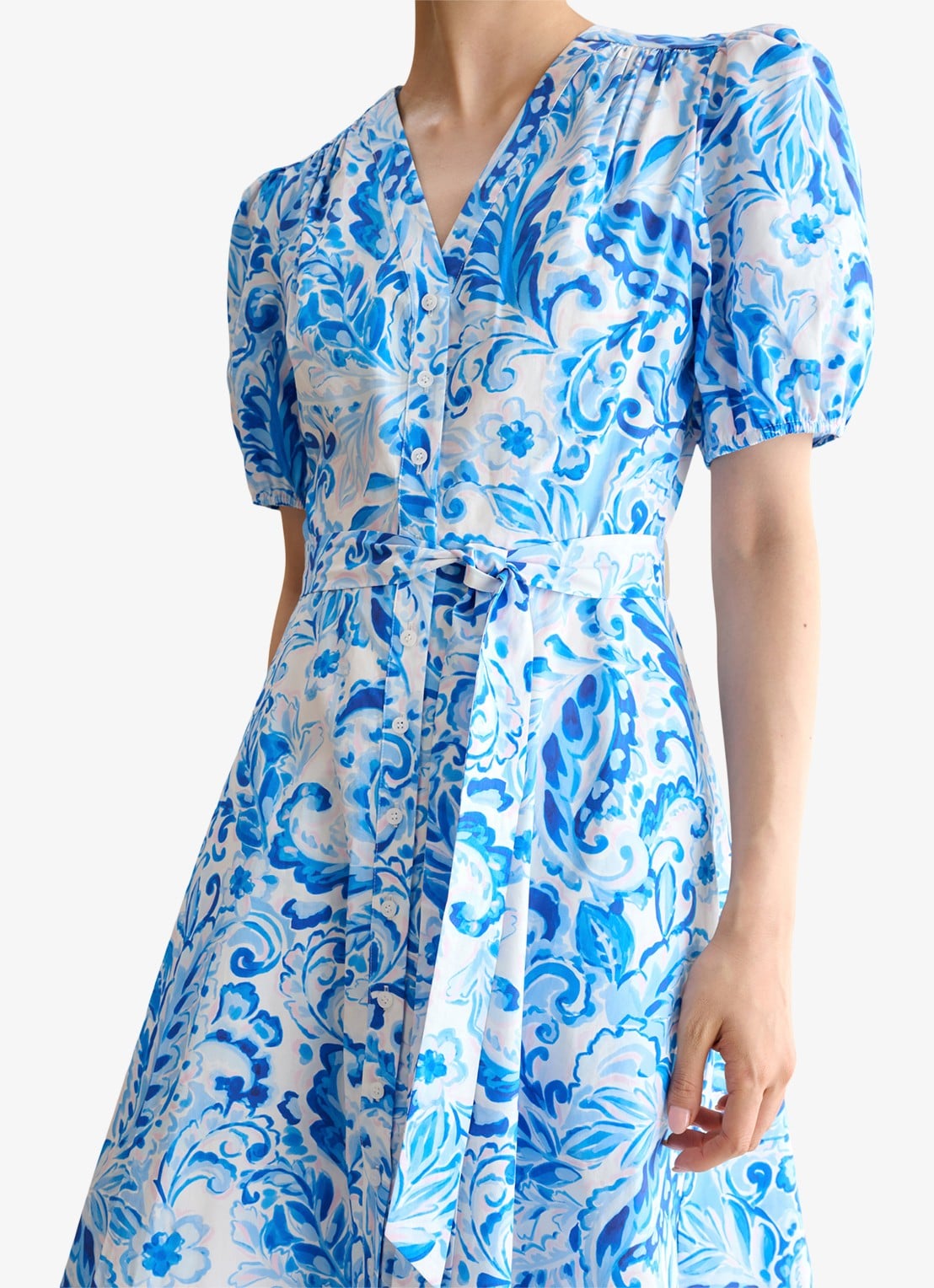 Hobbs Libby midi jurk met print en strikceintuur - detail 4 blauw