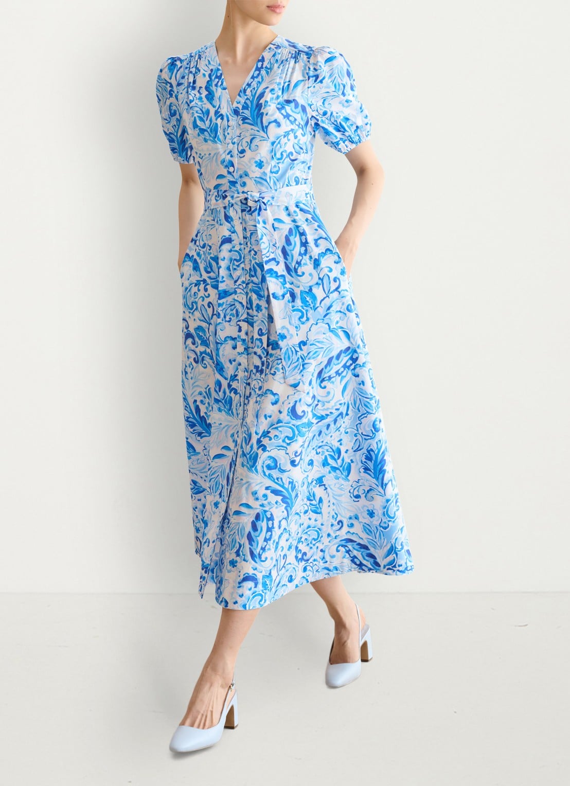 Hobbs Libby midi jurk met print en strikceintuur - voorkant 2 blauw
