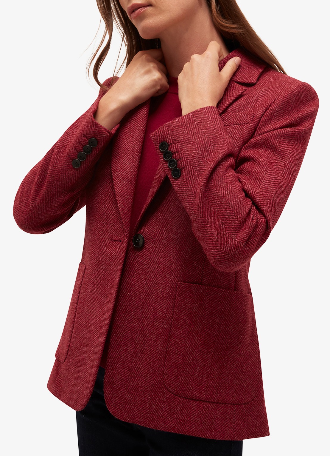 Hobbs Lilla single-breasted blazer van wol met visgraatdessin - detail donkerroze