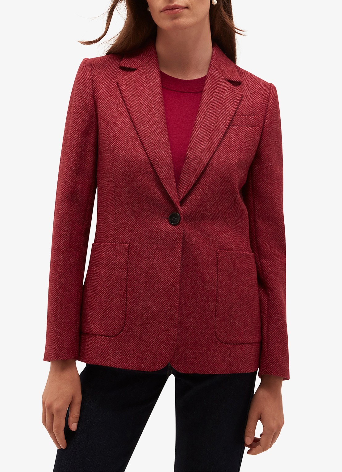 Hobbs Lilla single-breasted blazer van wol met visgraatdessin - voorkant 6 donkerroze