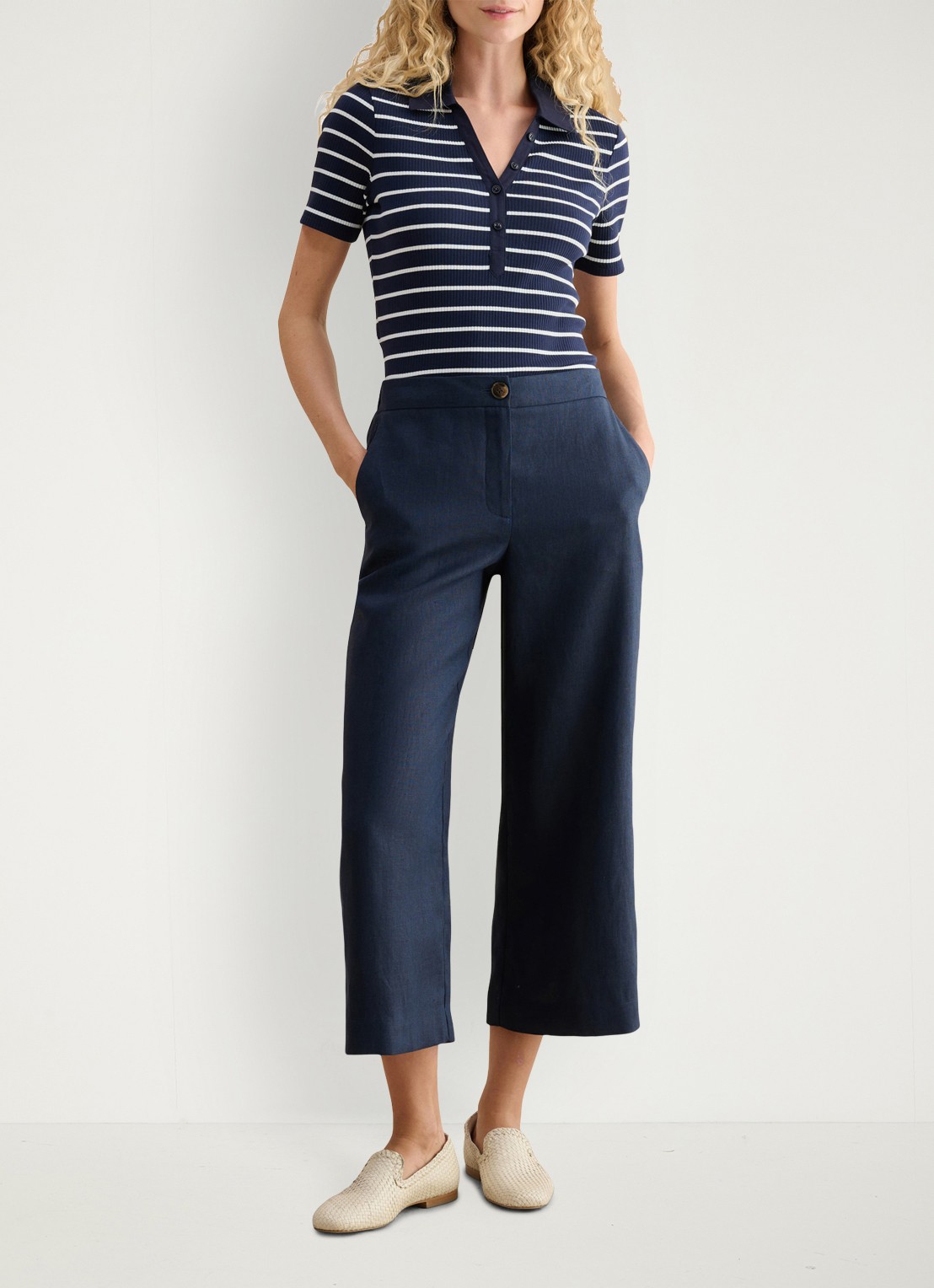 Hobbs Lillie high waist cropped loose fit pantalon van linnen - voorkant 5 donkerblauw