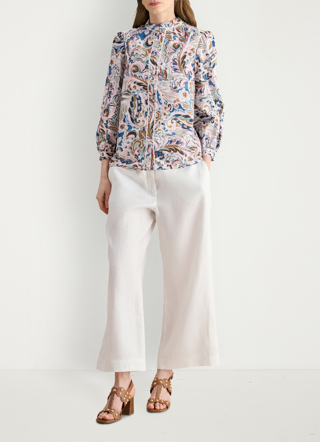 Hobbs Lillie high waist cropped loose fit pantalon van linnen - voorkant 3 wit