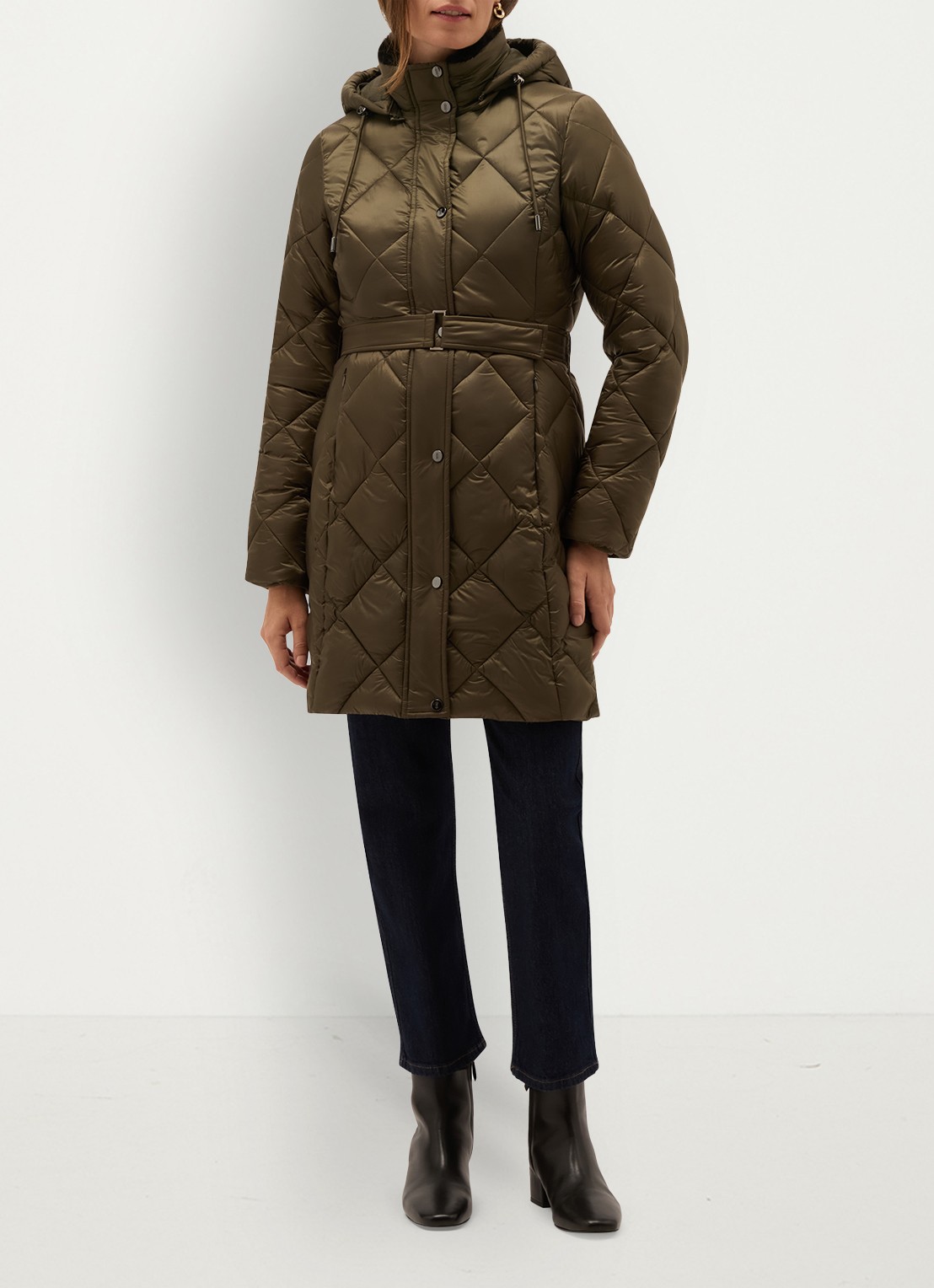 Hobbs Lumi puffer jas met ceintuur - detail olijfgroen