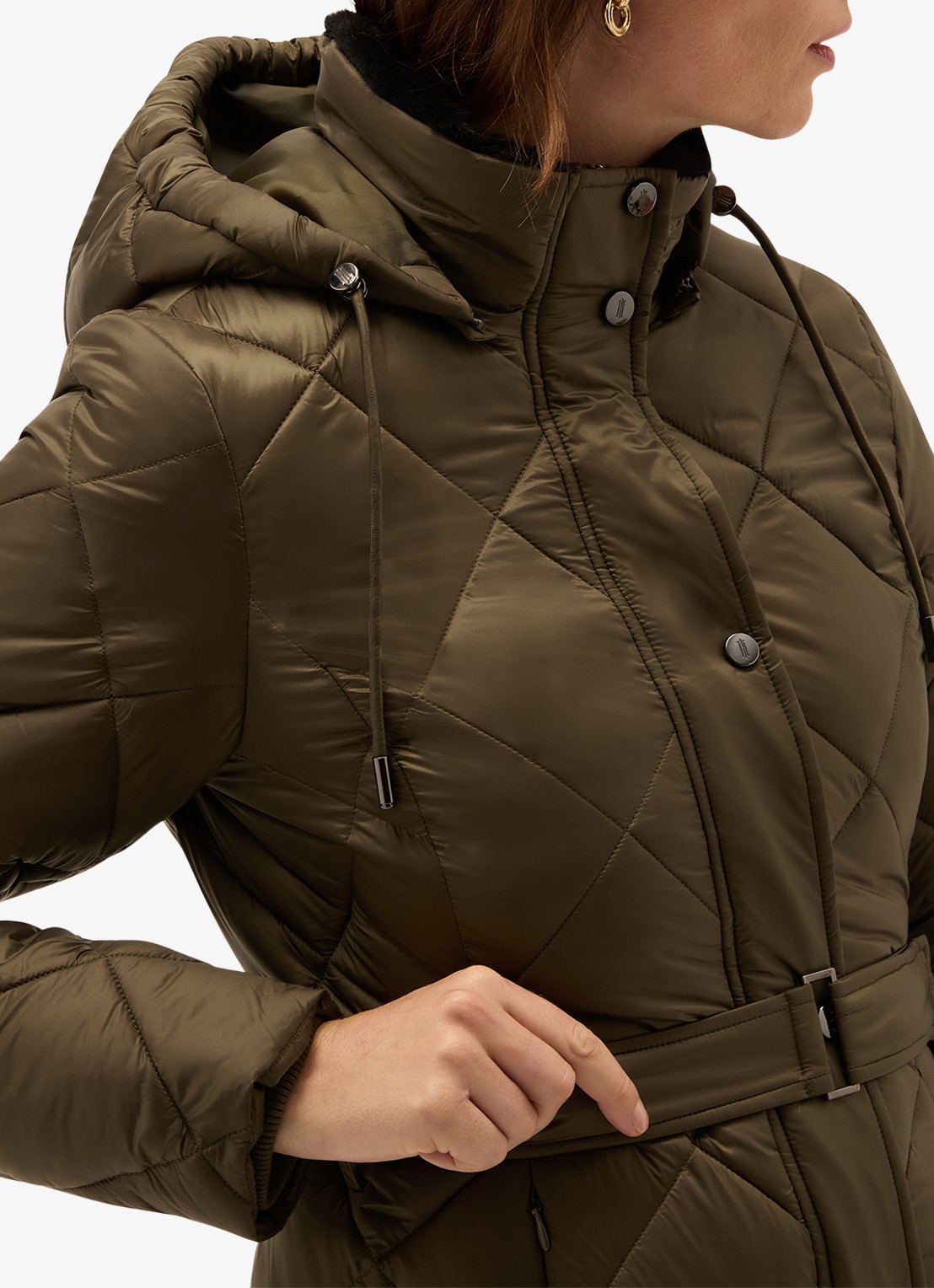 Hobbs Lumi puffer jas met ceintuur - detail 2 olijfgroen