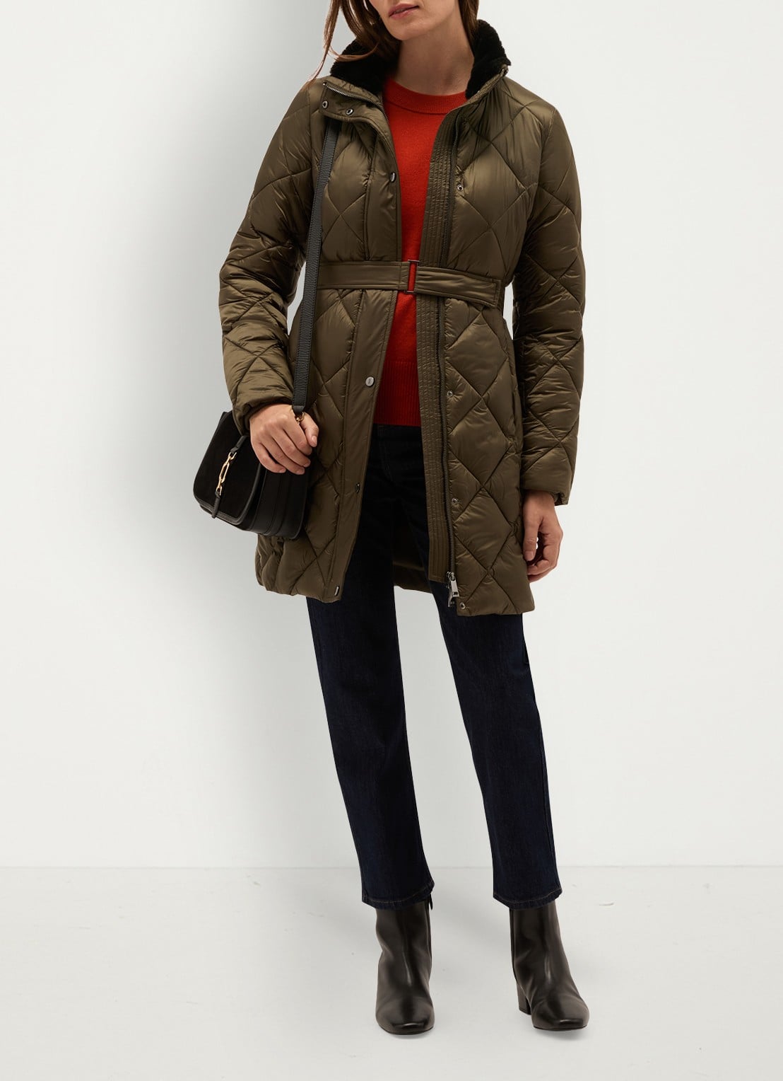 Hobbs Lumi puffer jas met waterafstotende coating en ceintuur - voorkant 7 olijfgroen
