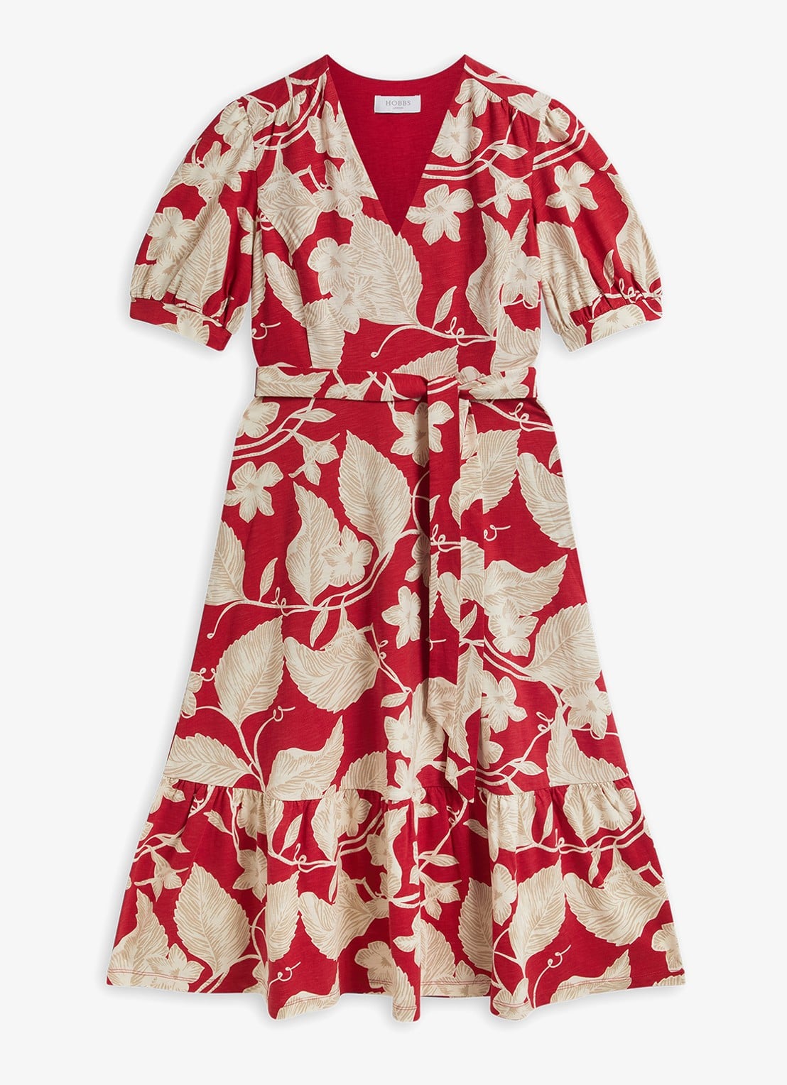 Hobbs Martha midi wikkeljurk met bloemenprint - voorkant rood