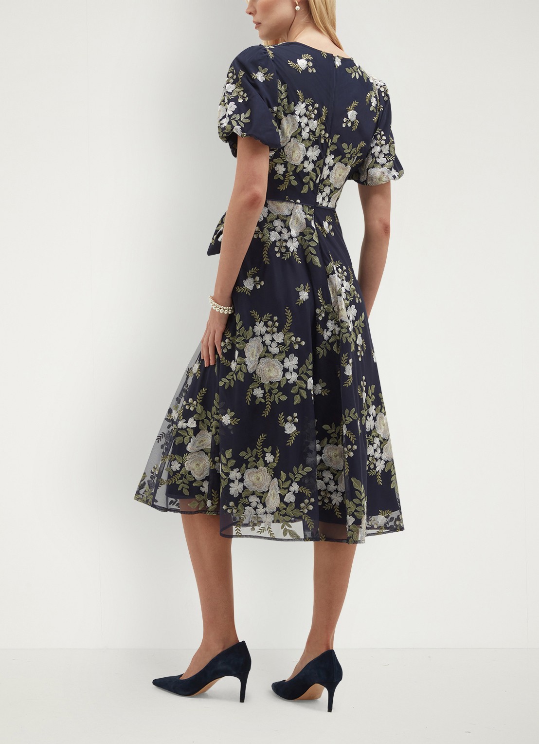 Hobbs Midi jurk met bloemenprint met V-hals - achterkant donkerblauw