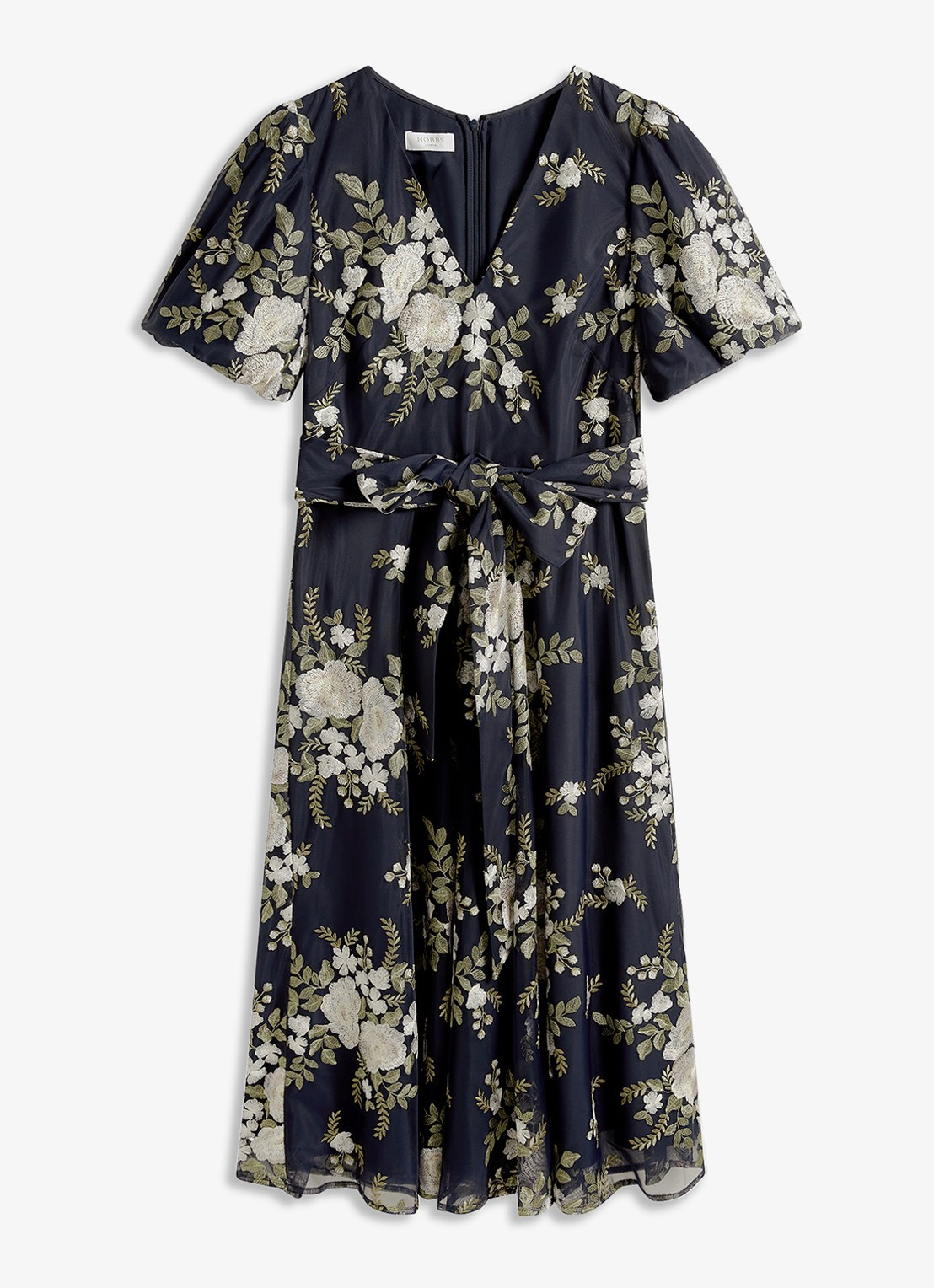 Hobbs Midi jurk met bloemenprint met V-hals - voorkant 5 donkerblauw