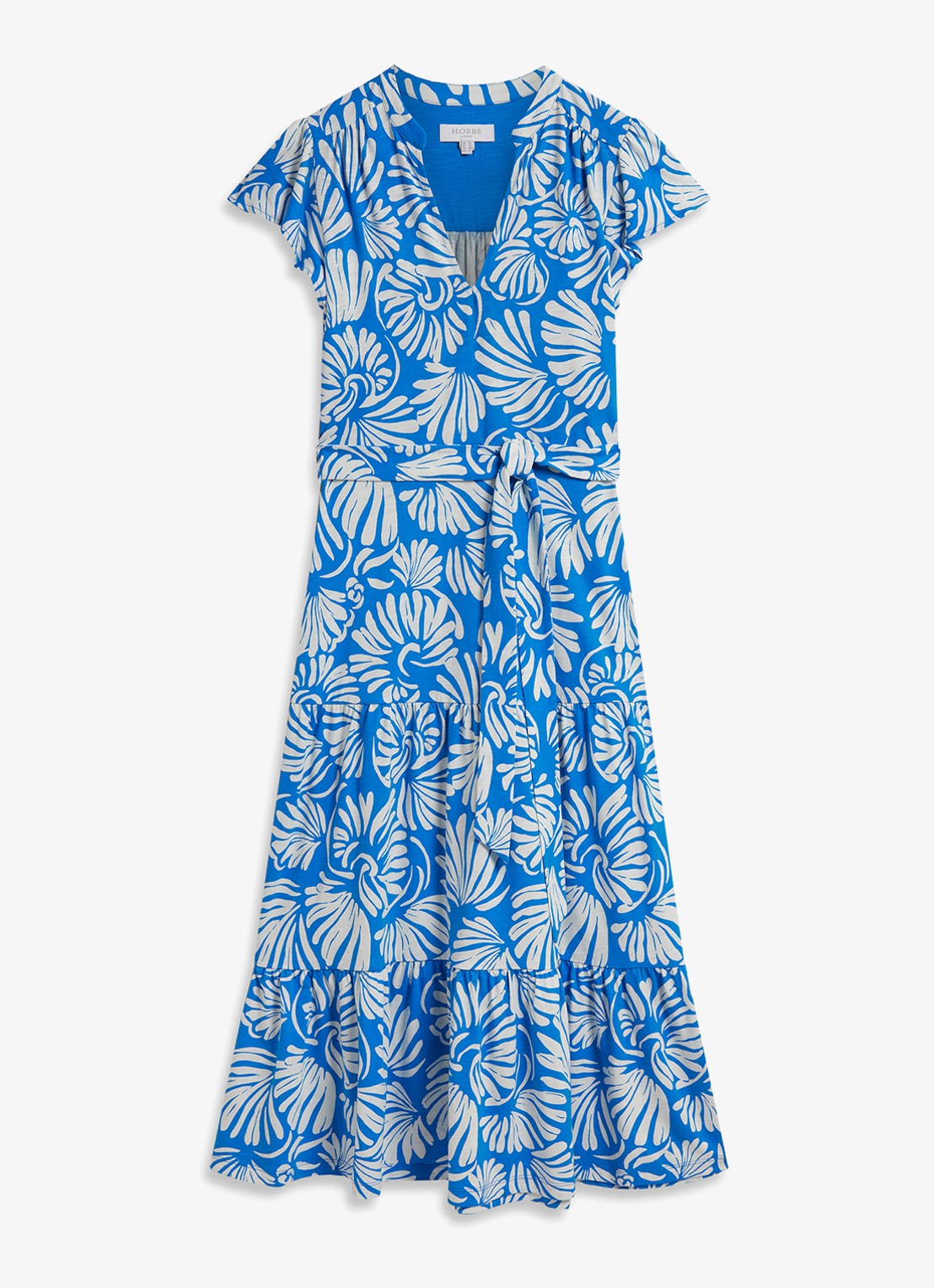 Hobbs Midi jurk met strikceintuur en print - voorkant blauw