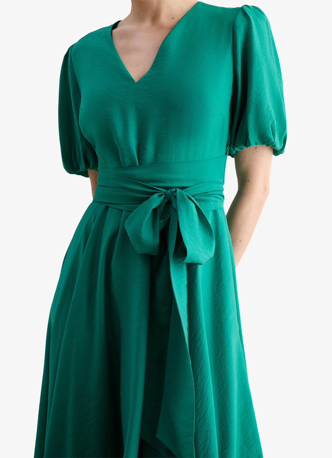 Hobbs Midi jurk met strikceintuur en V-hals - detail 2 donkergroen