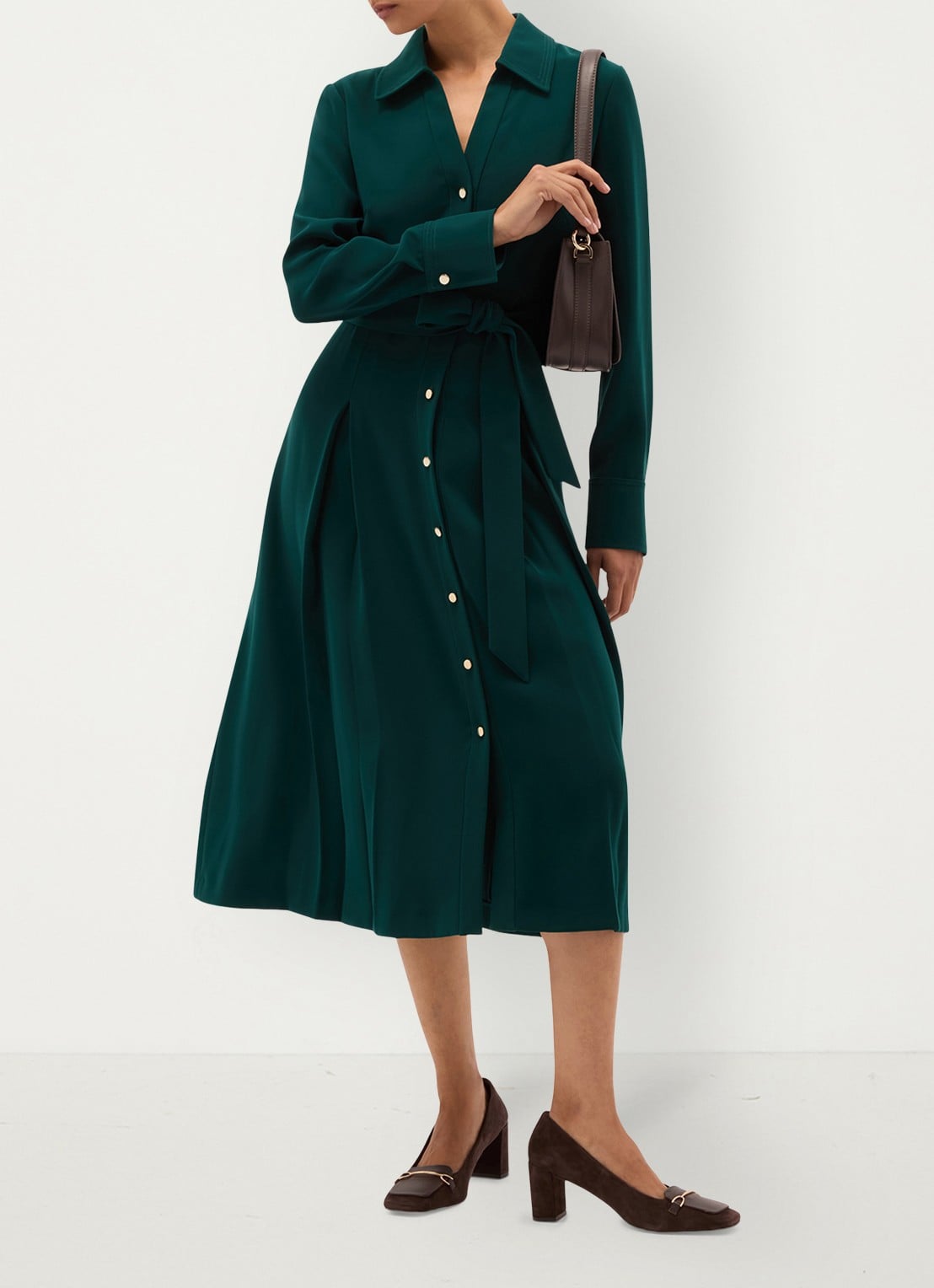 Hobbs Mylie midi blouse jurk met ceintuur - detail 3 donkergroen