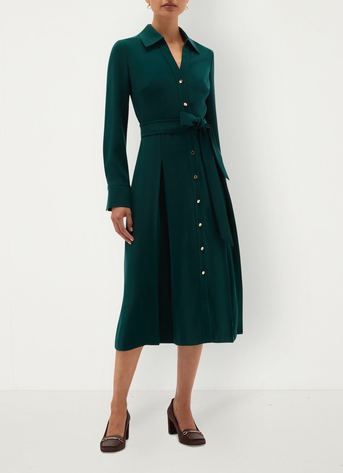 Hobbs Mylie midi blouse jurk met ceintuur - voorkant 7 donkergroen