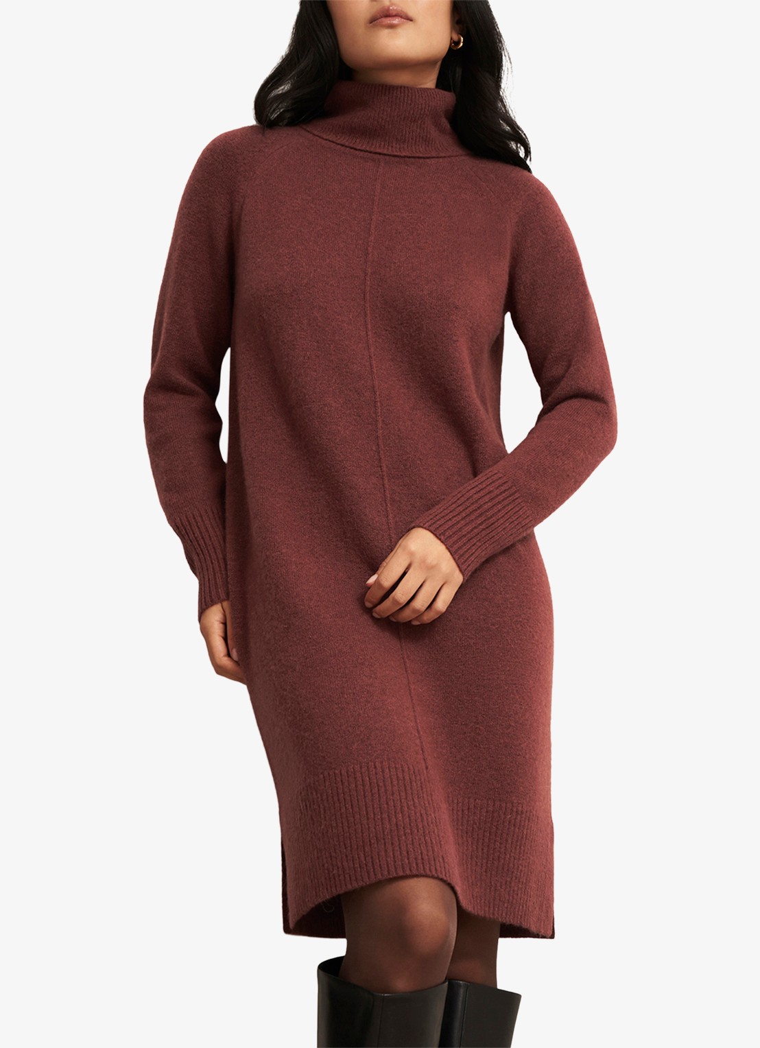 Hobbs Nessa fijngebreide midi jurk in wolblend - detail bruin