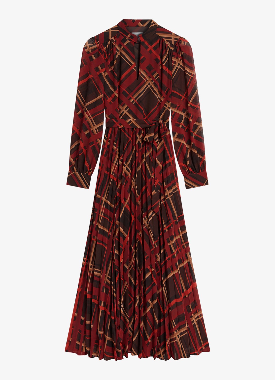 Hobbs Ophelia maxi blousejurk met ruitdessin en plooien - voorkant bruin