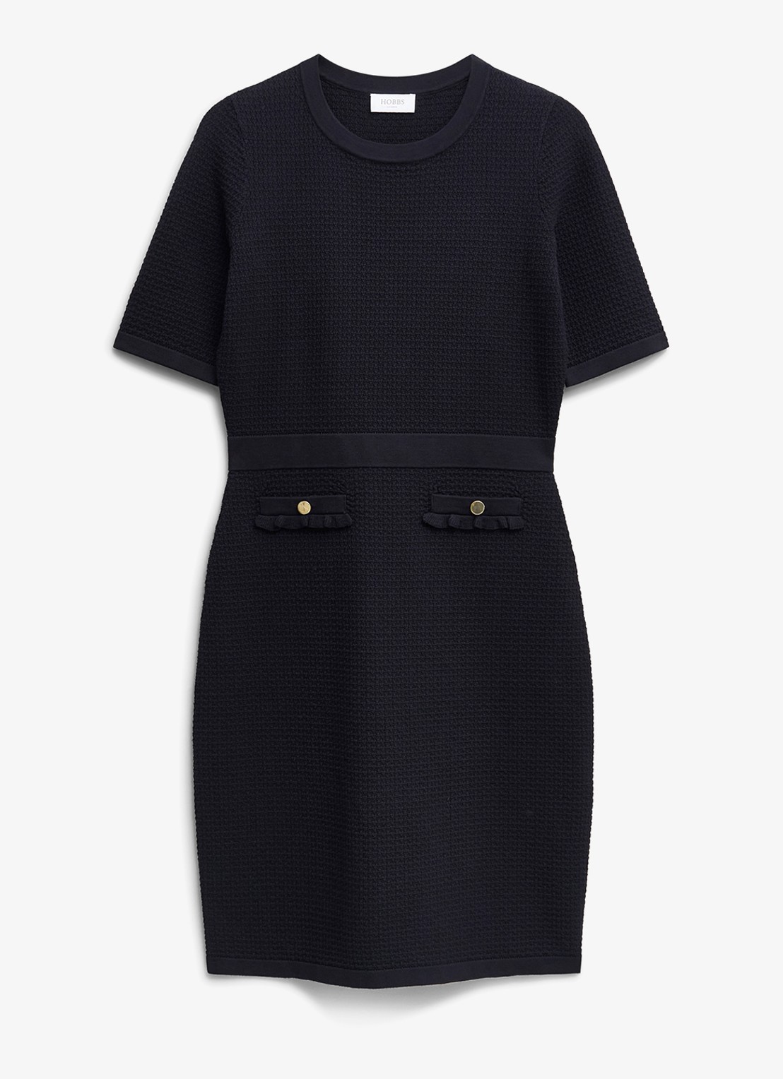 Hobbs Petra fijngebreide mini jurk met sierknopen - voorkant 2 donkerblauw