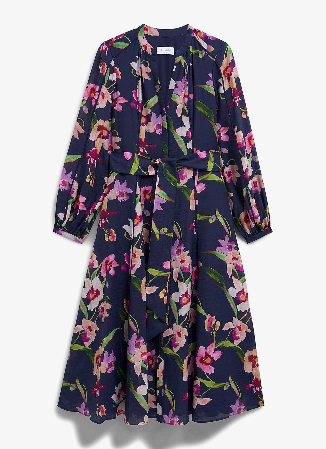 Hobbs Pippa blousejurk met strikceintuur en bloemenprint - voorkant donkerblauw